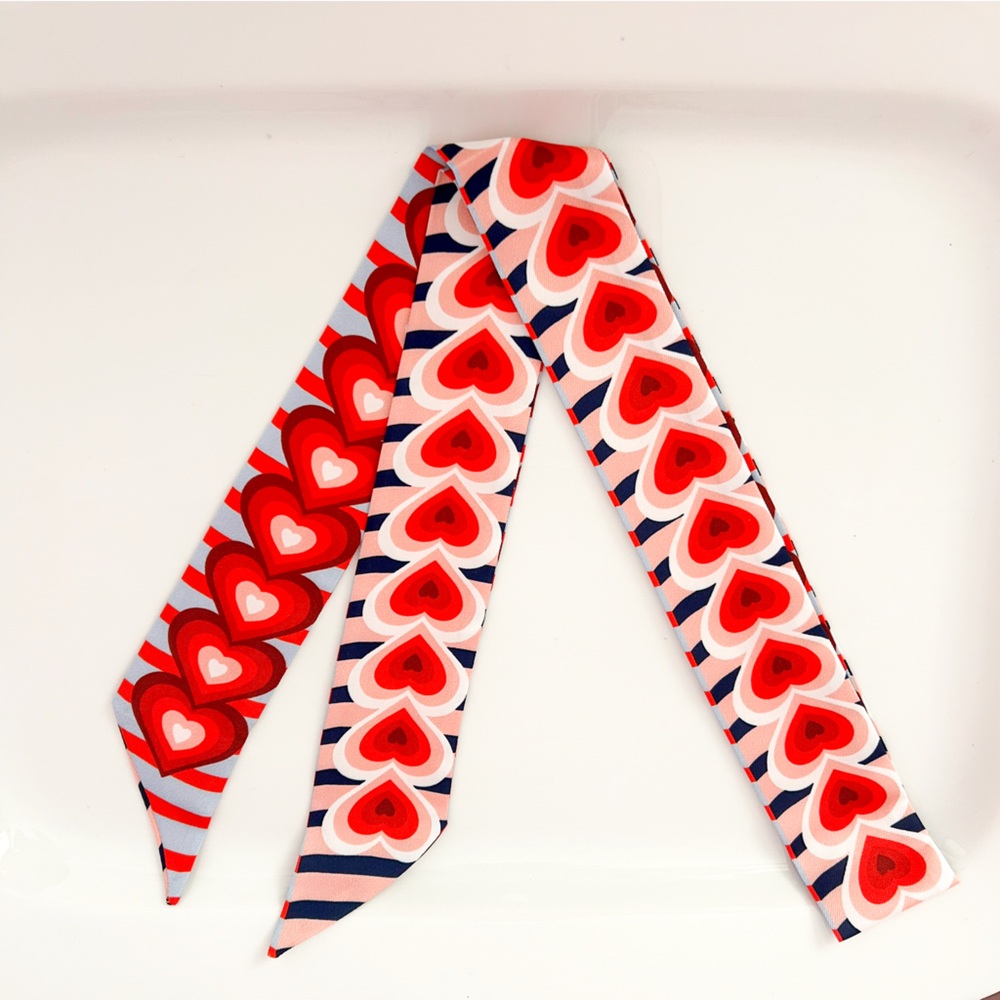 Scarf Skinny Pink/Red Heart Print Soft Silk Blend Bag Ribbon Headband New